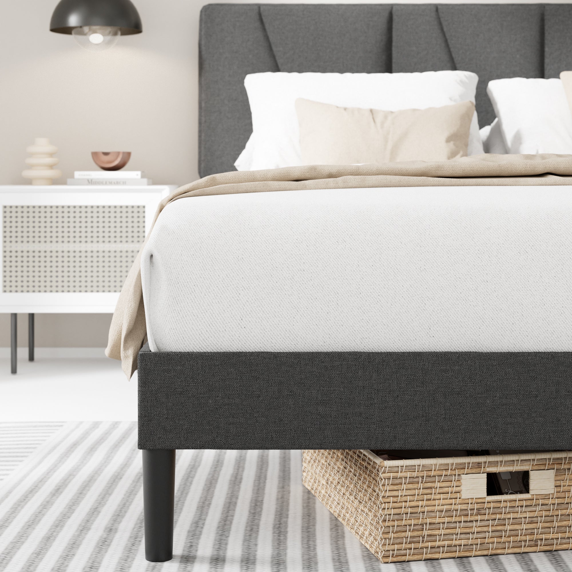 Maya Asymmetric Upholstered Platform Bed, Dark Grey