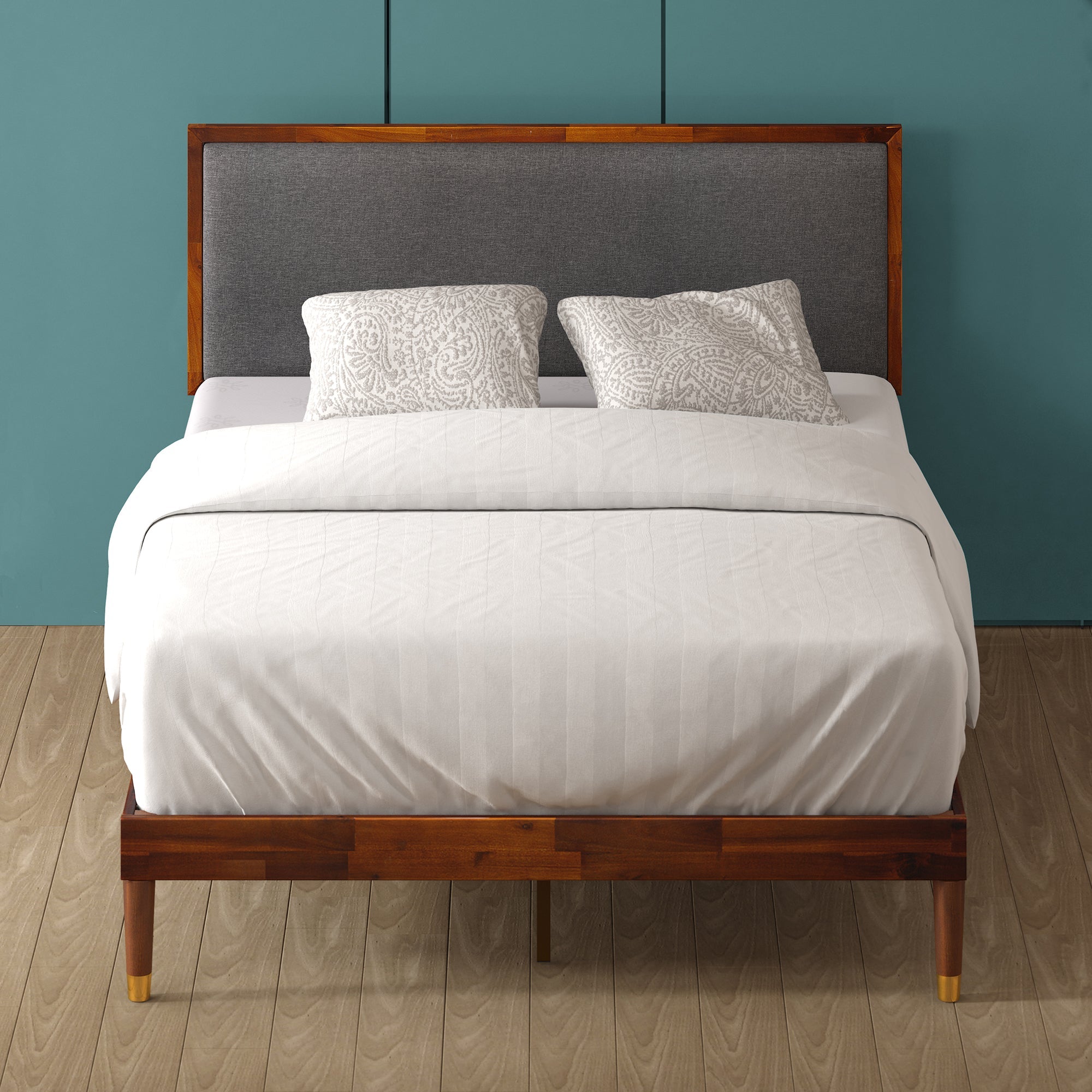 Raymond Wood Platform Bed Frame with Upholstered Headboard