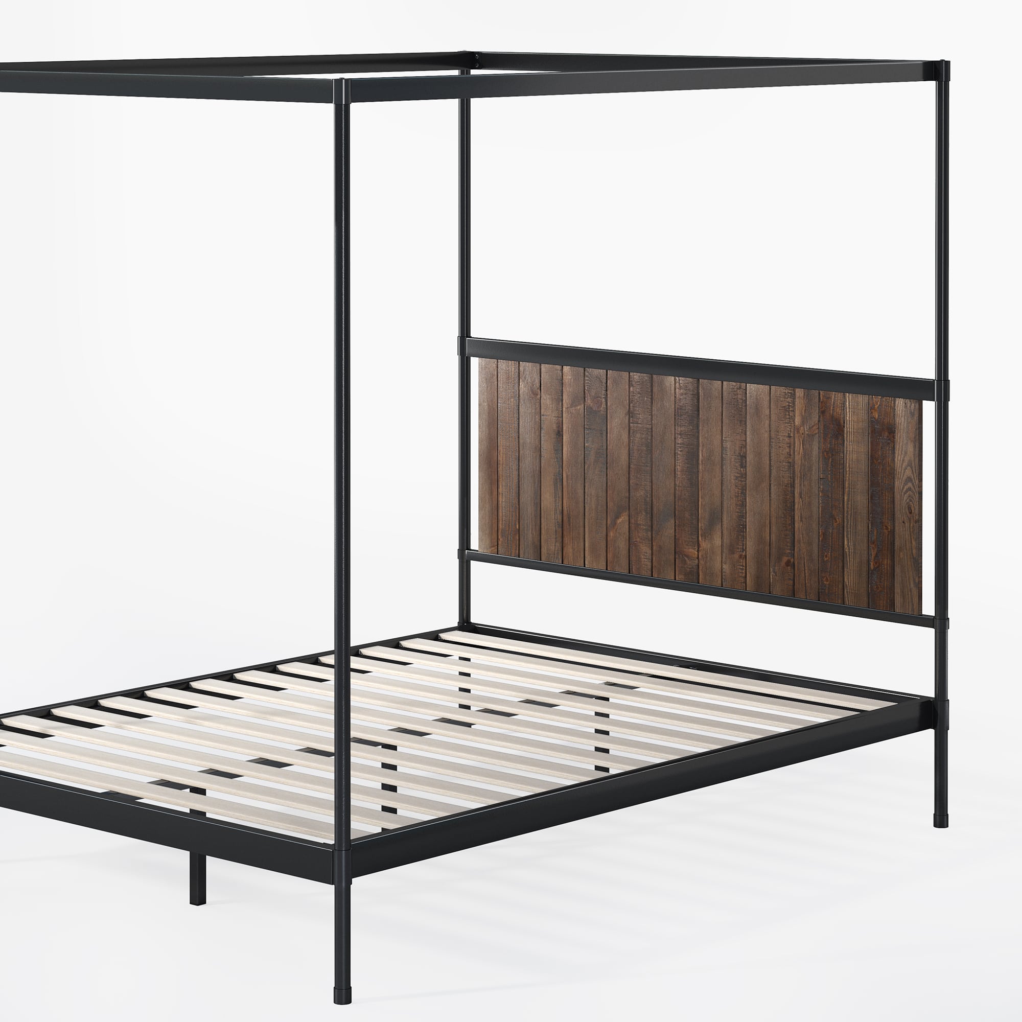 Wesley Metal and Wood Canopy Platform Bed Quarter Detail shot